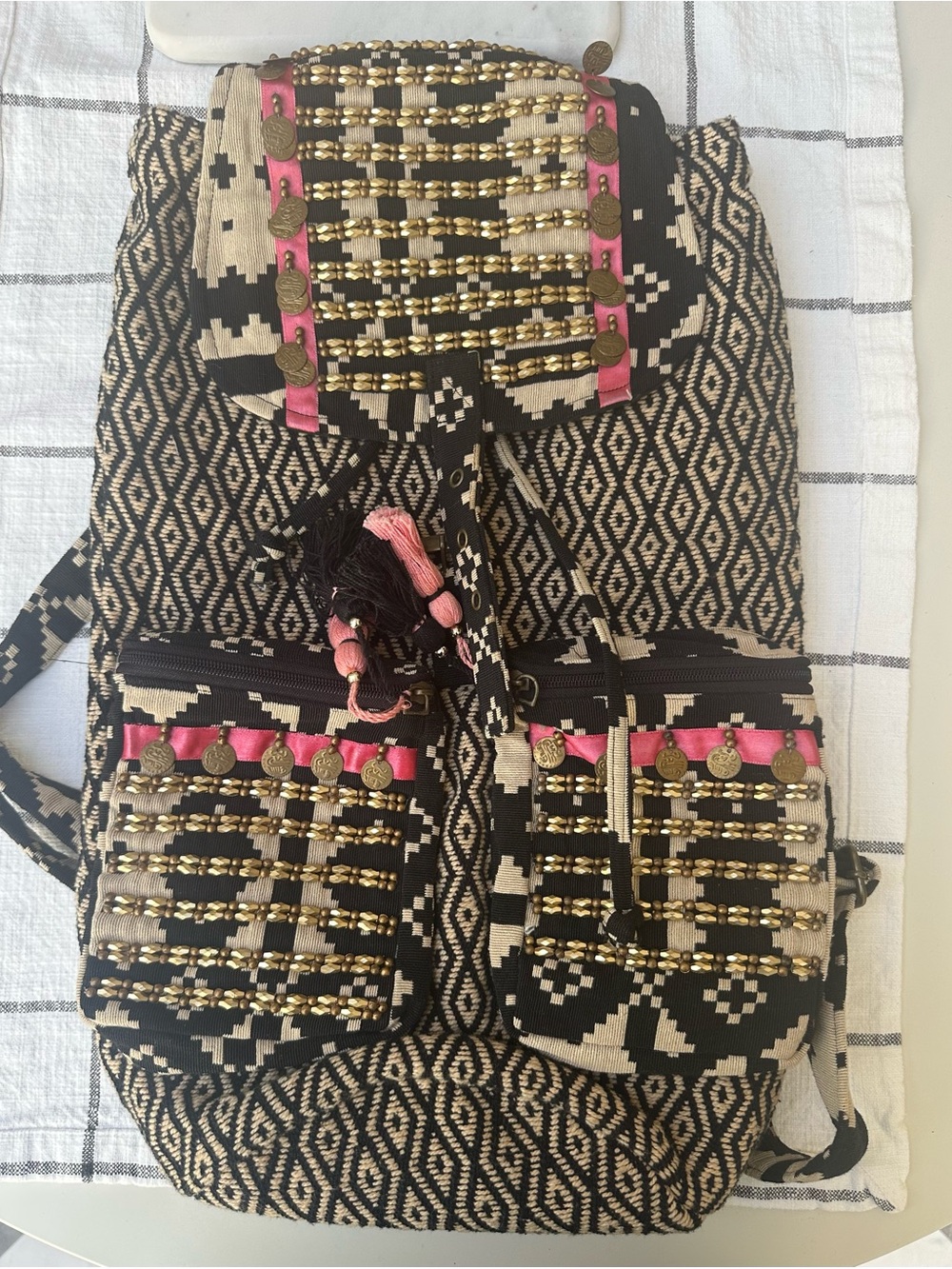 Free People Black & Cream Boho Beaded Backpack with Pink Accents